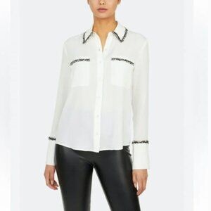 Zara Tweed Trim Dress Blouse in Ivory, S